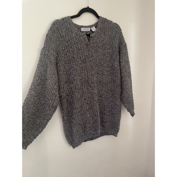 Vtg 90s Express Gray Marked Henley Textured Knit Sweater Fisherman - Picture 5 of 7
